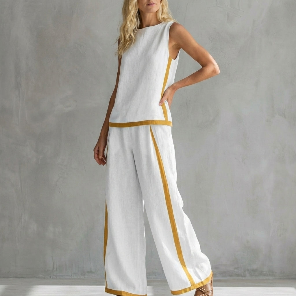 Contemporary Sleeveless Two-Piece Set with Wide-Leg Trousers and Contrast Trim