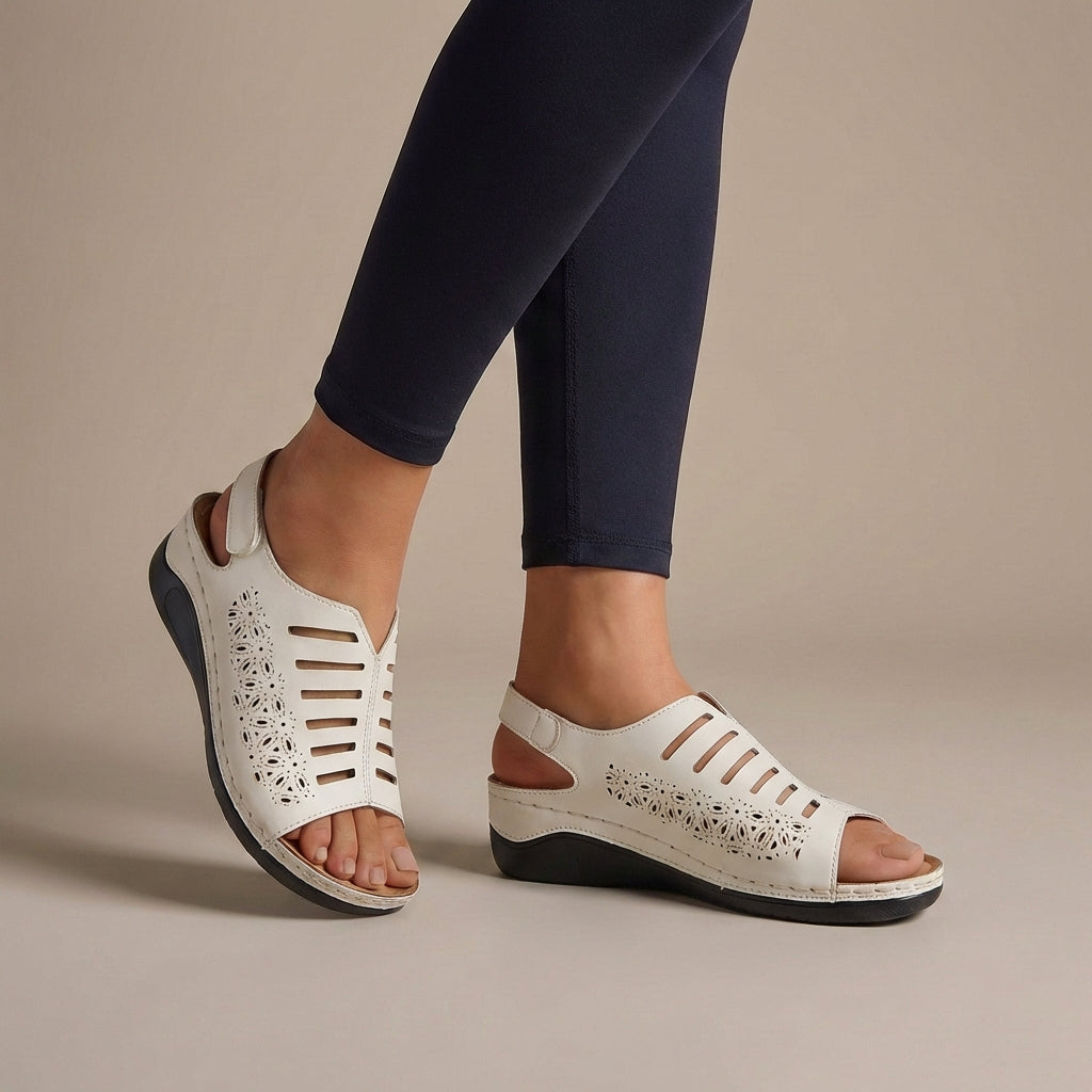 Luxury Wedge Sandals with Floral Cut-Out and Adjustable Strap