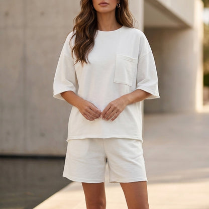 Oversized Relaxed Two-Piece Set with Chest Pocket and Wide-Leg Shorts