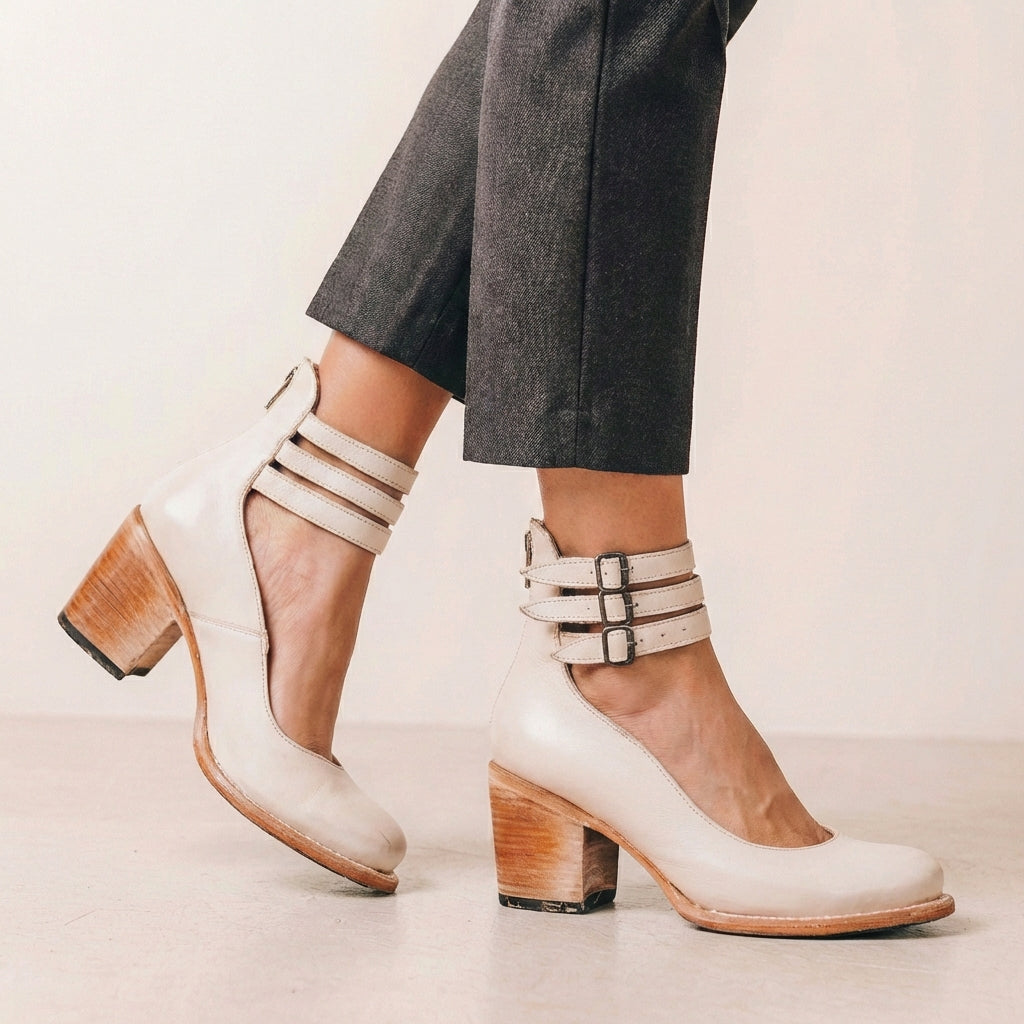 Distressed Vegan Leather Block Heel Pumps with Buckled Ankle Straps and Cut-Out Details