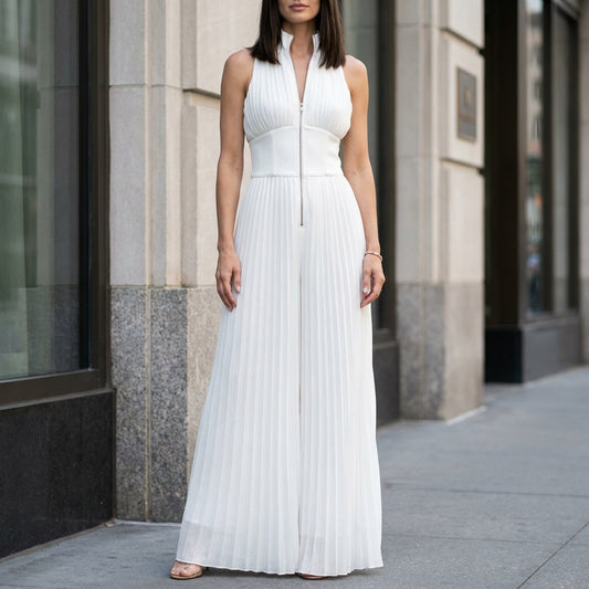 Pleated Halter Wide-Leg Jumpsuit for Effortless Evening Elegance