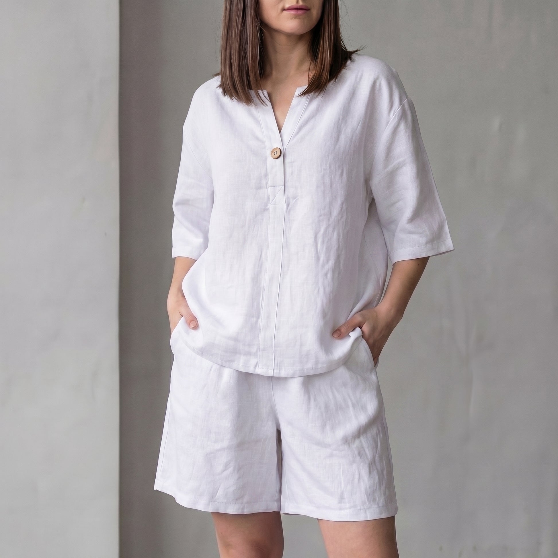 Oversized Woven Two-Piece Set with V-Neck Shirt and High-Waist Shorts