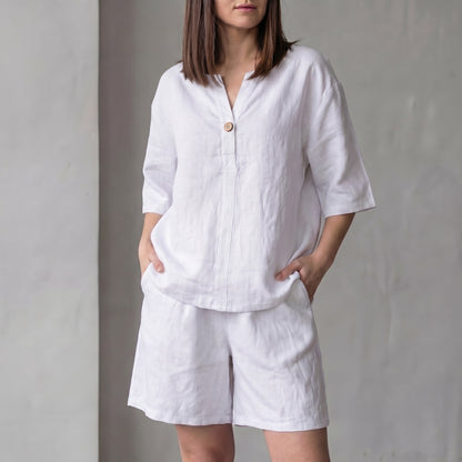 Oversized Woven Two-Piece Set with V-Neck Shirt and High-Waist Shorts