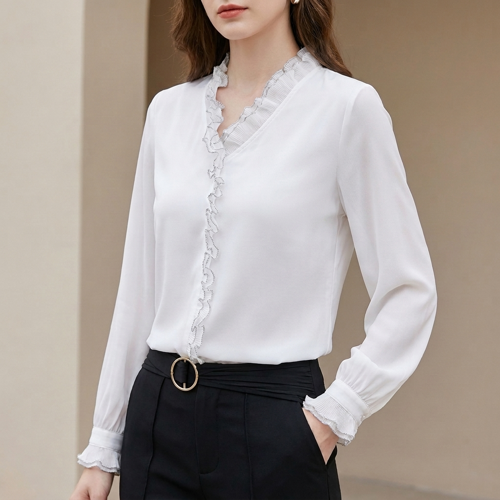 Elegant Long Sleeve Sheer Chiffon Blouse with Ruffled V-Neckline