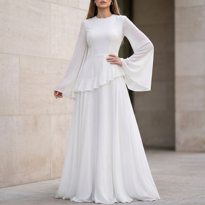 Elegant Gala Maxi Dress with Flared Bell Sleeves and Ruffled Tier