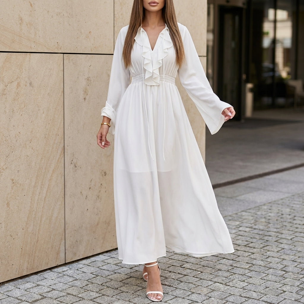 Elegant High-Waisted V-Neck Maxi Dress with Ruffled Trim and Flared Sleeves