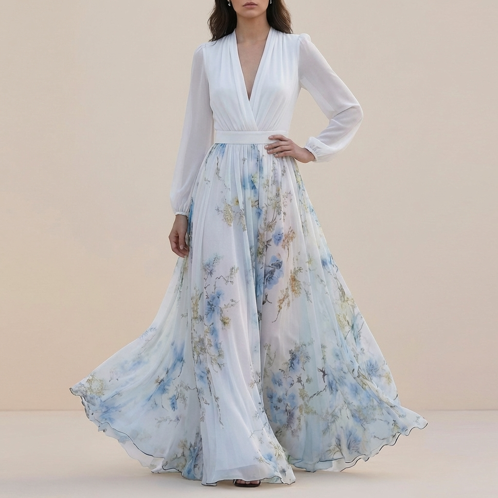 Chiffon Floral Maxi Dress with Flowing Sleeves and Belted Waist