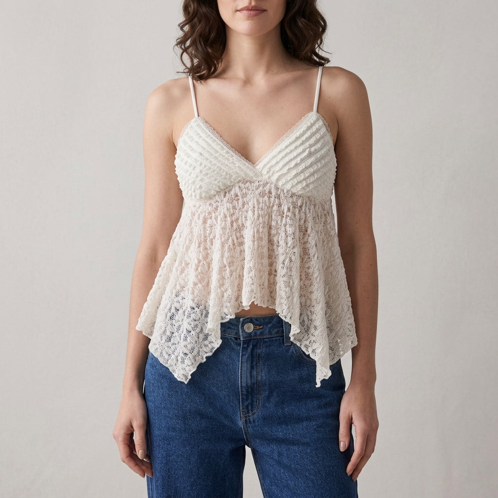 Romantic Lace Texture Babydoll Cami with Flowing Hem