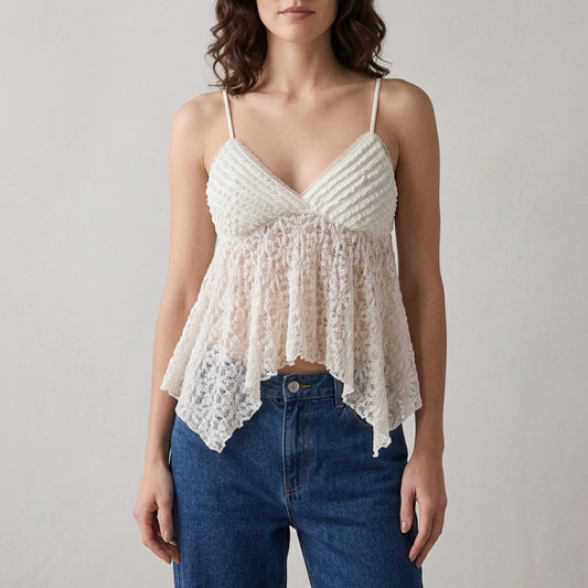Romantic Lace Texture Babydoll Cami with Flowing Hem
