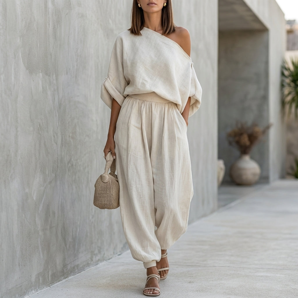 Draped One-Shoulder Top with Voluminous Lantern Pants Set for Resort Chic