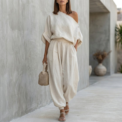 Draped One-Shoulder Top with Voluminous Lantern Pants Set for Resort Chic