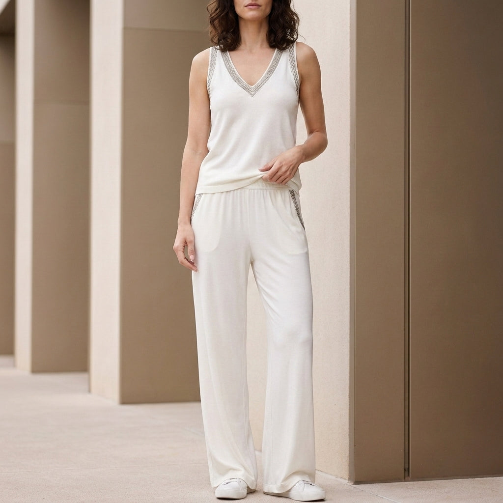 Relaxed V-Neck Sleeveless Lounge Set with Wide-Leg Pants