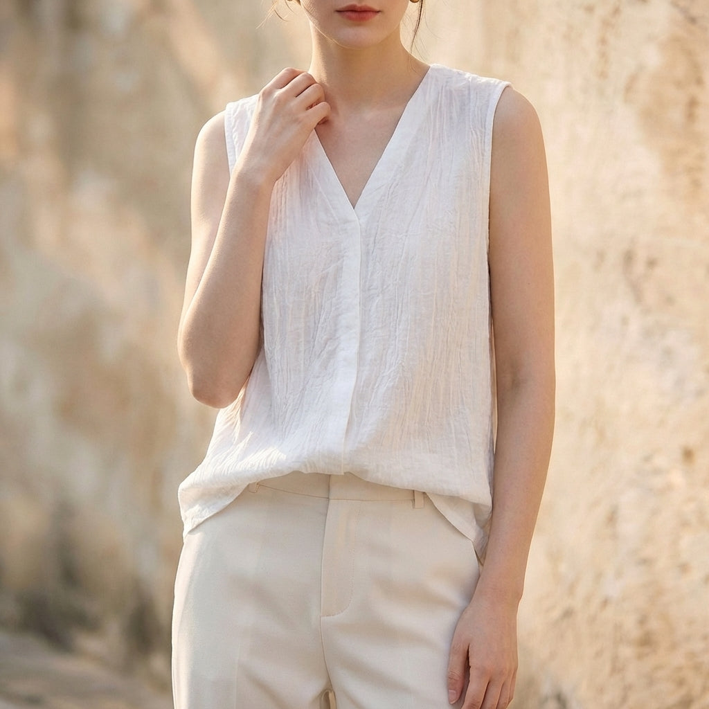 Flowing V-Neck Sleeveless Top with Pleated Crinkle Texture