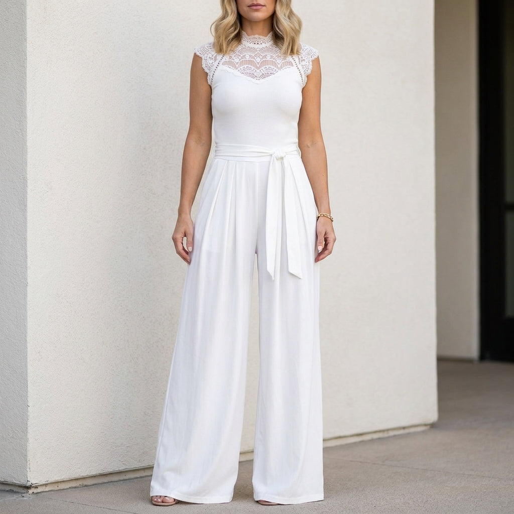 Graceful Lace Yoke Wide-Leg Jumpsuit