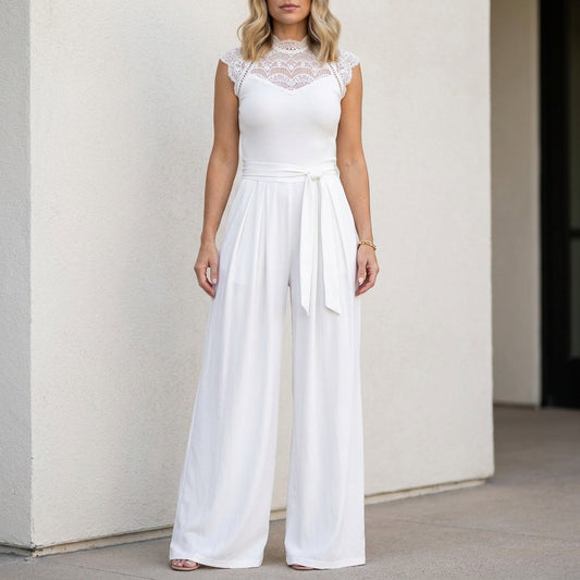 Graceful Lace Yoke Wide-Leg Jumpsuit