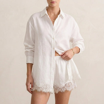 Relaxed Lace-Trimmed Two-Piece Shirt and Shorts Set with Classic Collar