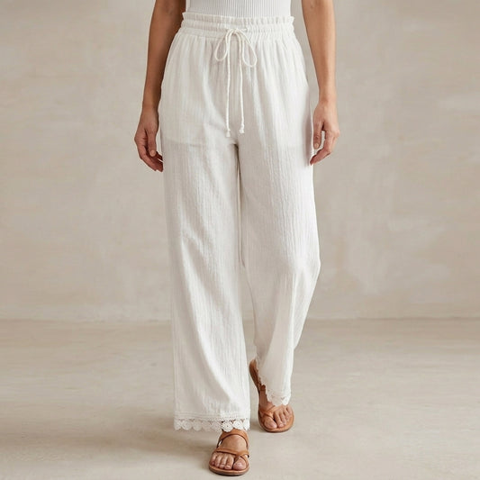 High-Waisted Breezy Woven Trousers with Lace-Trimmed Ankle Hem