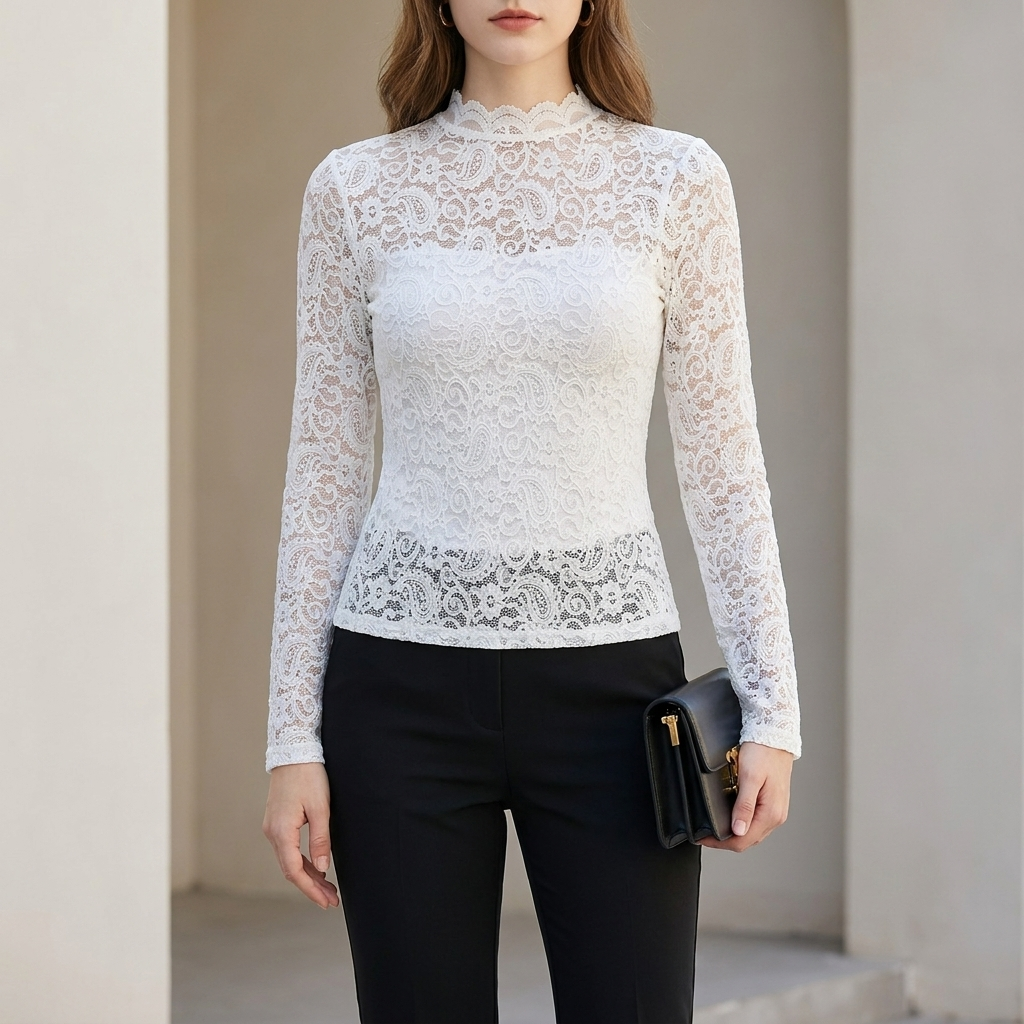 Fitted Floral Lace Long-Sleeve Top with High Neck and Scalloped Edges