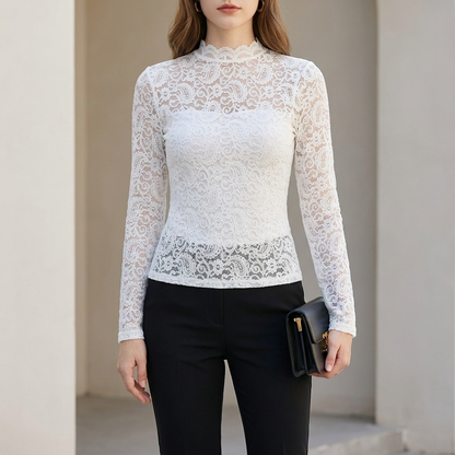 Fitted Floral Lace Long-Sleeve Top with High Neck and Scalloped Edges