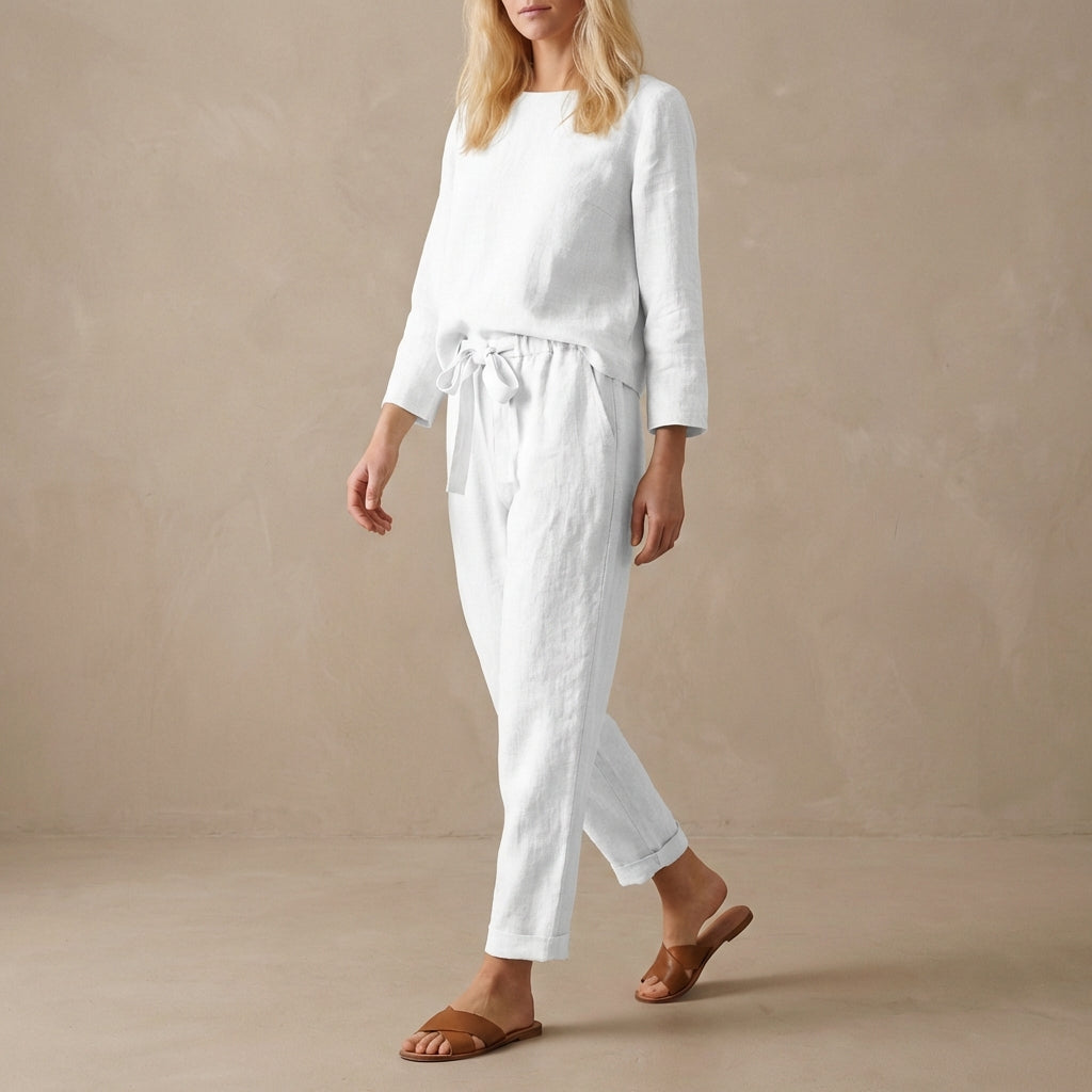 Relaxed Linen Two-Piece Set with Boat Neck Blouse and Drawstring Pants