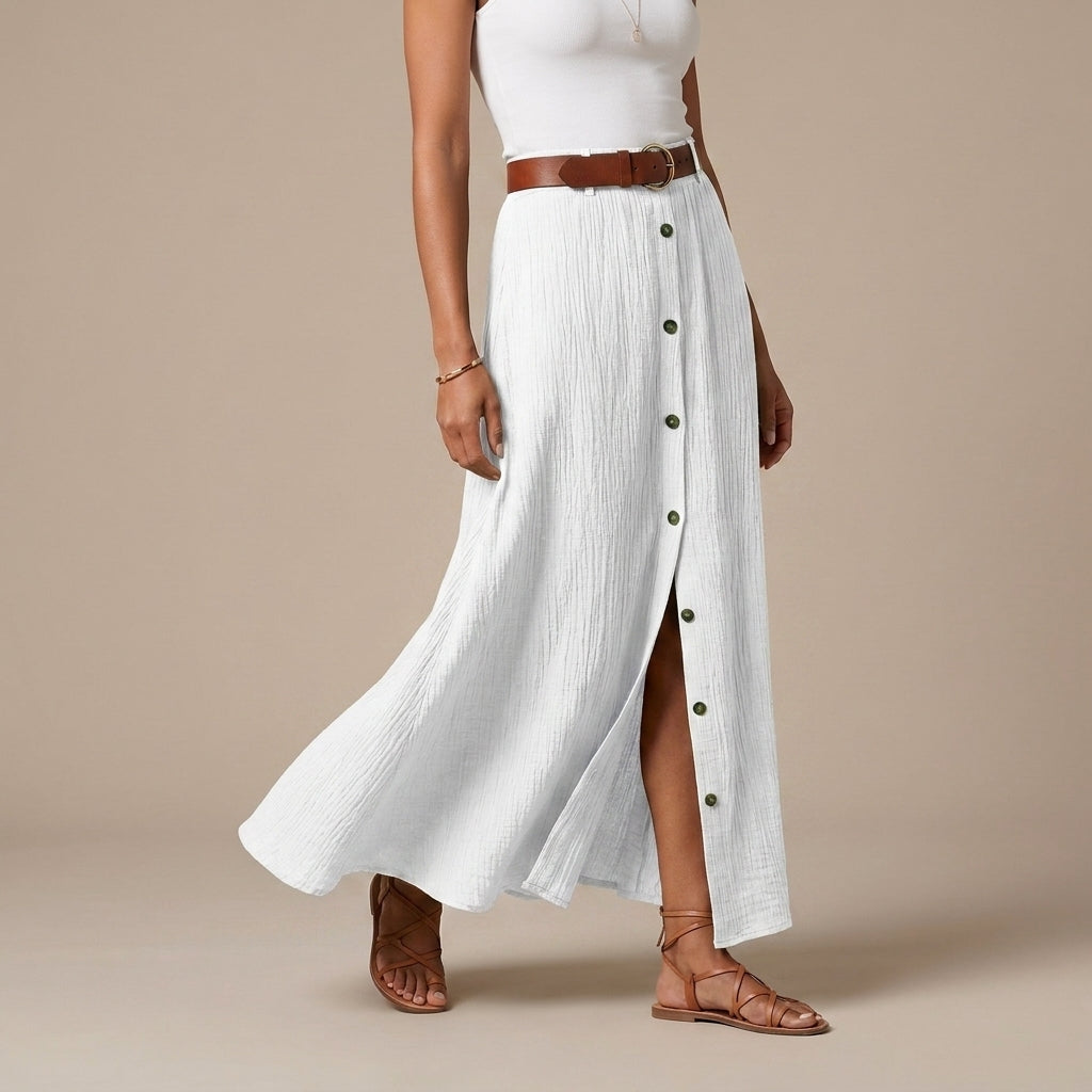 Flowing A-Line Maxi Skirt with Button Front and Slit Detail