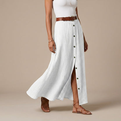 Flowing A-Line Maxi Skirt with Button Front and Slit Detail