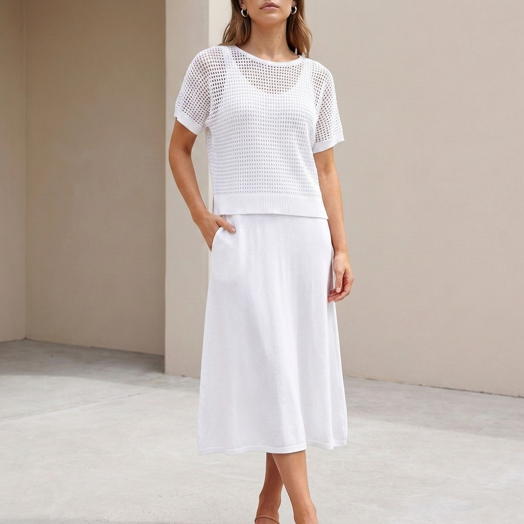 Flowing Midi Dress and Cropped Open-Knit Mesh Top Set