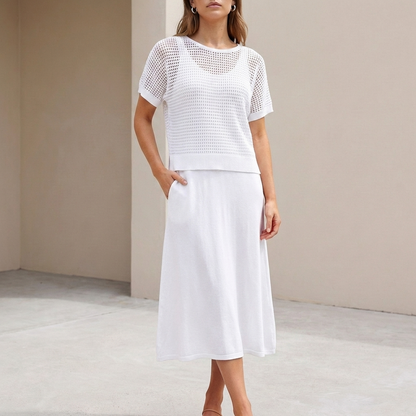 Flowing Midi Dress and Cropped Open-Knit Mesh Top Set