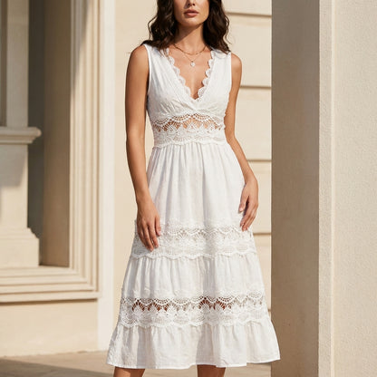 Sleeveless Lace Panel Tiered Maxi Dress