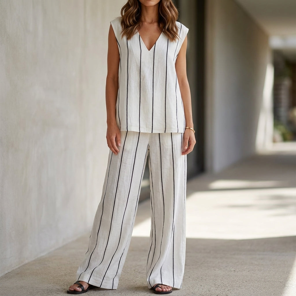Minimalist Striped Sleeveless Top and Wide-Leg Pant Set