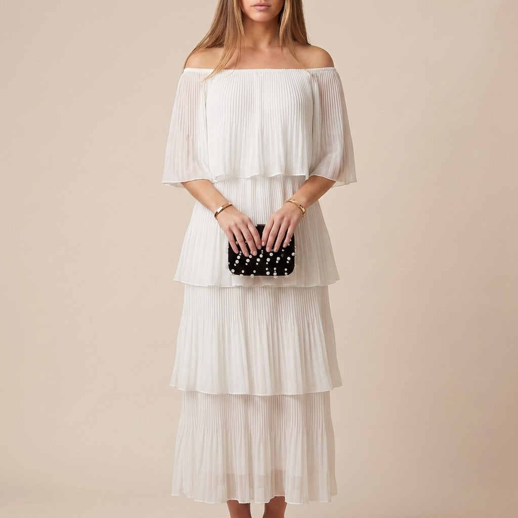 Flowing Off-Shoulder Maxi Dress with Sheer Tiered Accordion Pleats