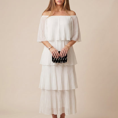 Flowing Off-Shoulder Maxi Dress with Sheer Tiered Accordion Pleats
