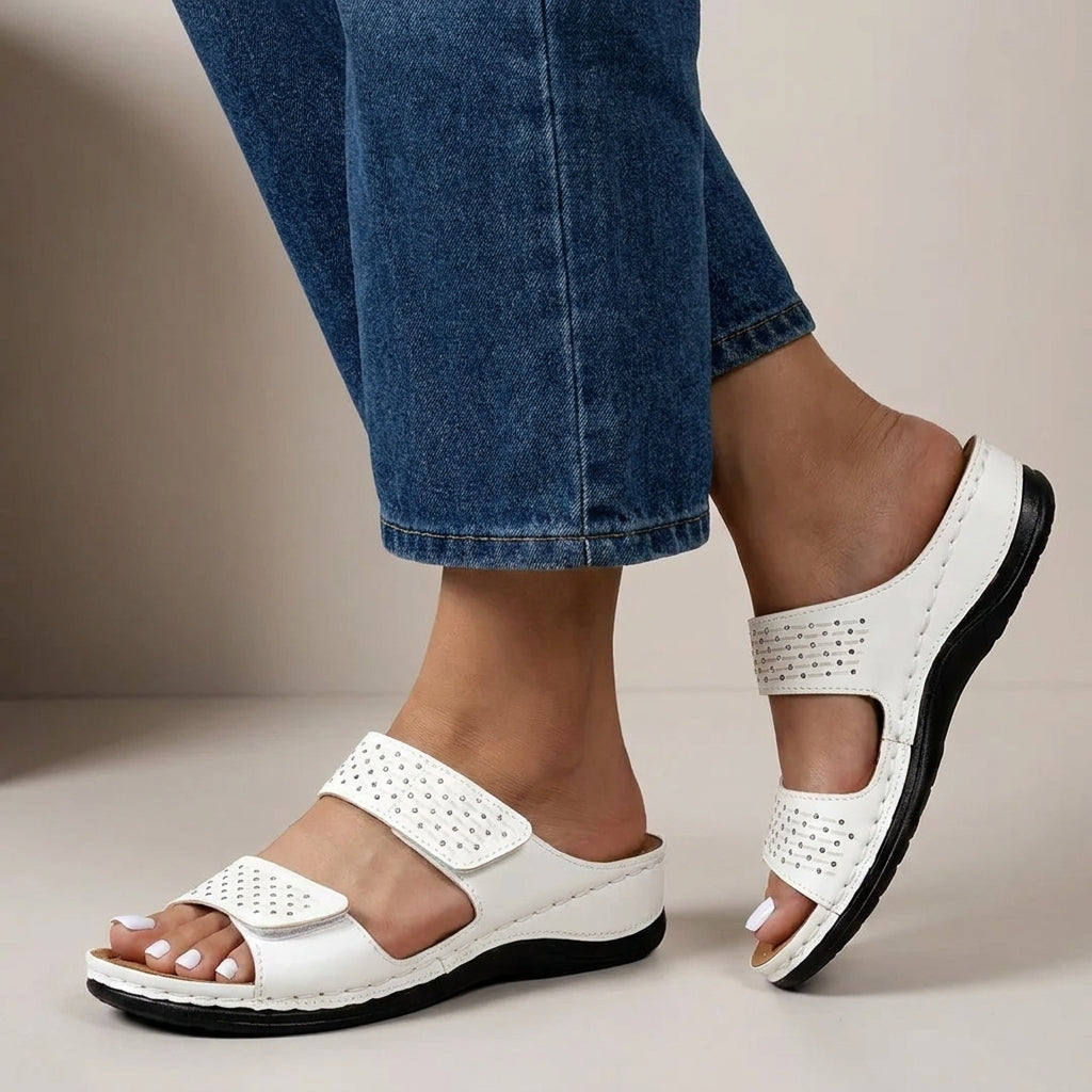 Structured Dual-Strap Wedge Sandals with Laser-Cut Geometric Detail for Relaxed Comfort
