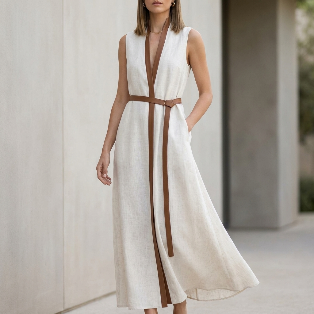 Elegant Sleeveless V-Neck Maxi Dress with Contrast Trim and Tie-Belt