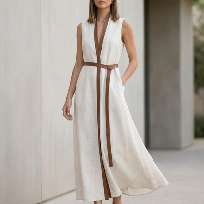 Elegant Sleeveless V-Neck Maxi Dress with Contrast Trim and Tie-Belt