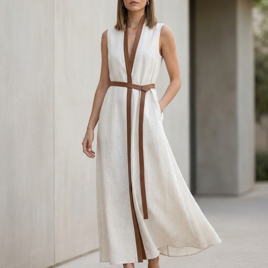 Elegant Sleeveless V-Neck Maxi Dress with Contrast Trim and Tie-Belt