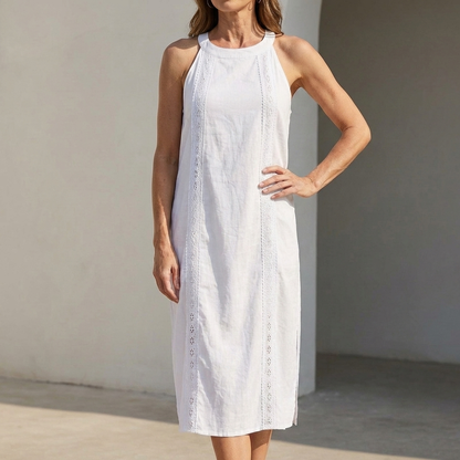 Relaxed Midi Halter Neck Dress with Vertical Lace Trim and Side Slits