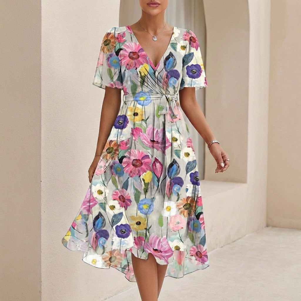 Sofia Amoretti Flowing Chiffon Wrap Midi Dress with Tie Waist