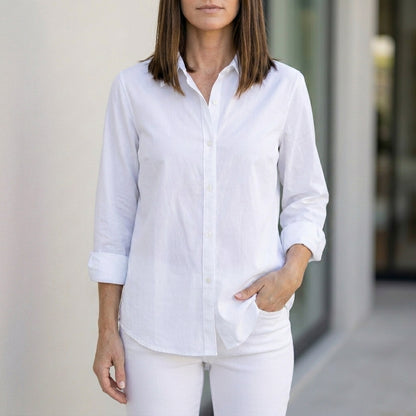 Relaxed Button-Up Blouse with Rolled Sleeve Cuff Detail
