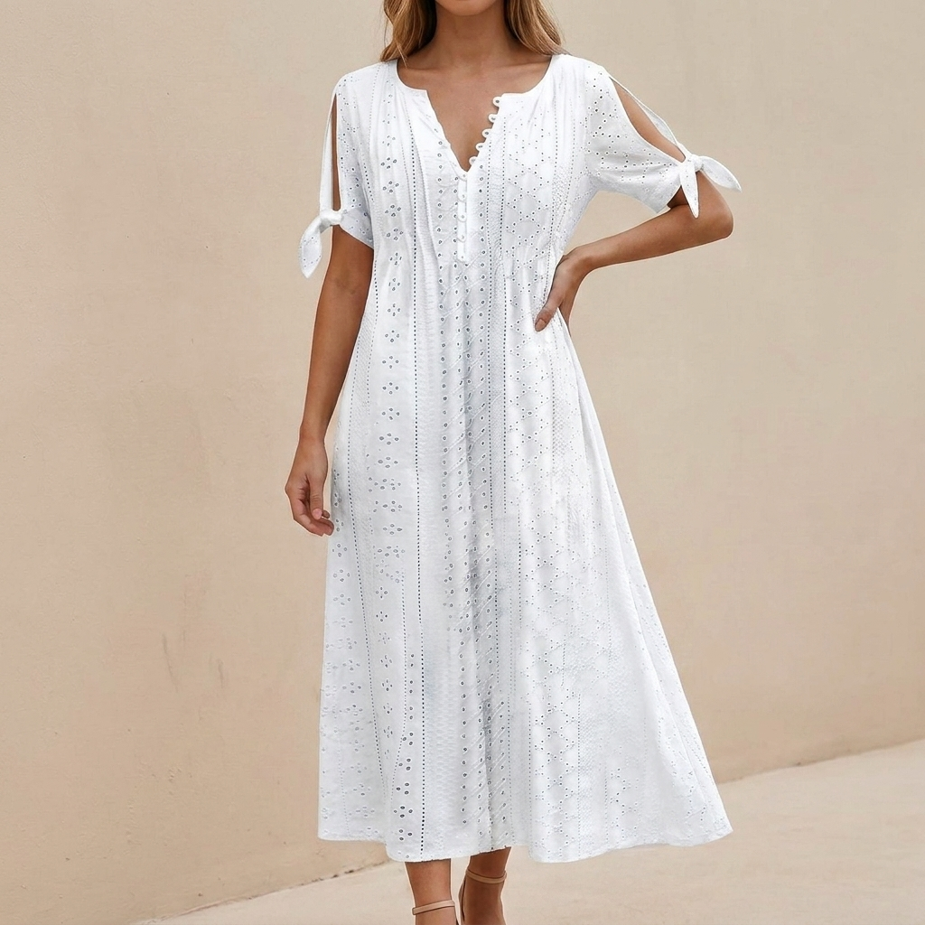 Boho-Inspired Eyelet Embroidered Midi Dress with Scalloped V-Neckline