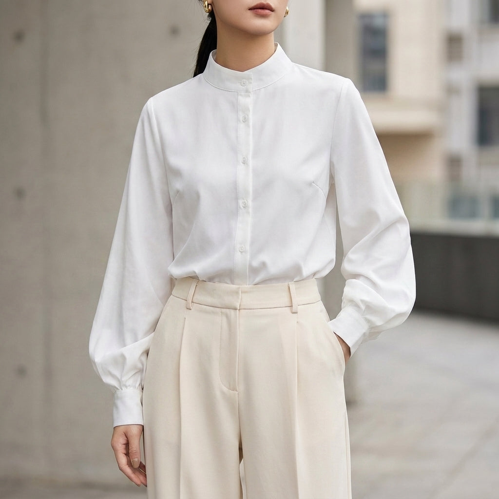 Sophisticated Stand-Collar Shirt with Dramatic Lantern Sleeves