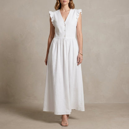 Graceful Ruffle Sleeve Button-Front Maxi Dress