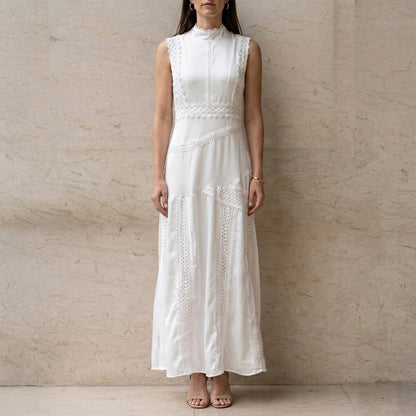 Sunlit Elegance High-Neck Lace Detail Midi Dress