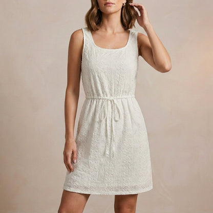Sleeveless Mini Dress with Hollow-Out Textured Fabric and Adjustable Waist