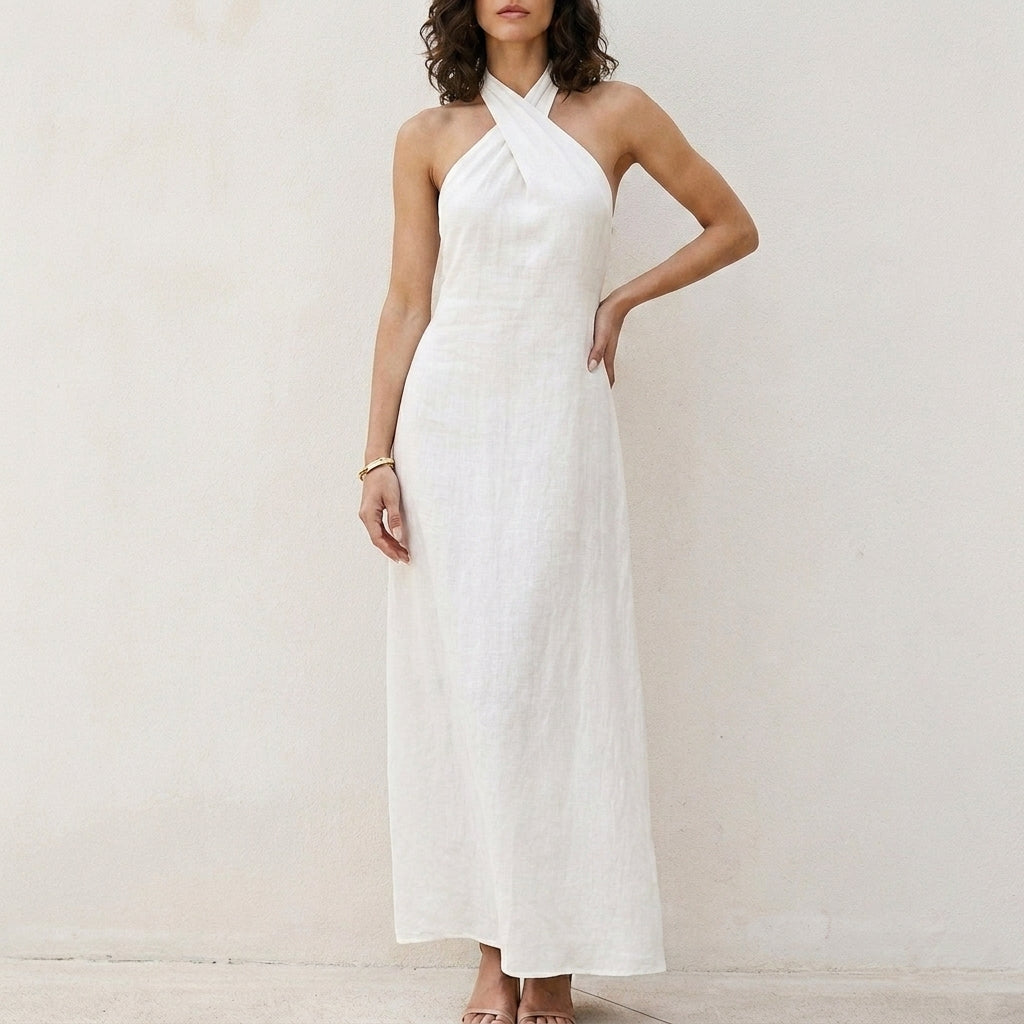 Coastal Elegance Cross Halter Maxi Dress