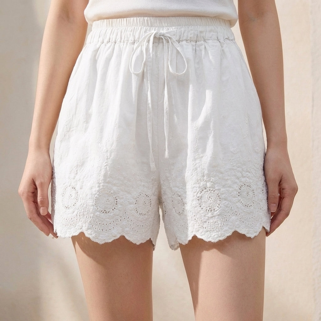 Embroidered Lace-Trimmed Shorts with Drawstring Waist and Scalloped Hem