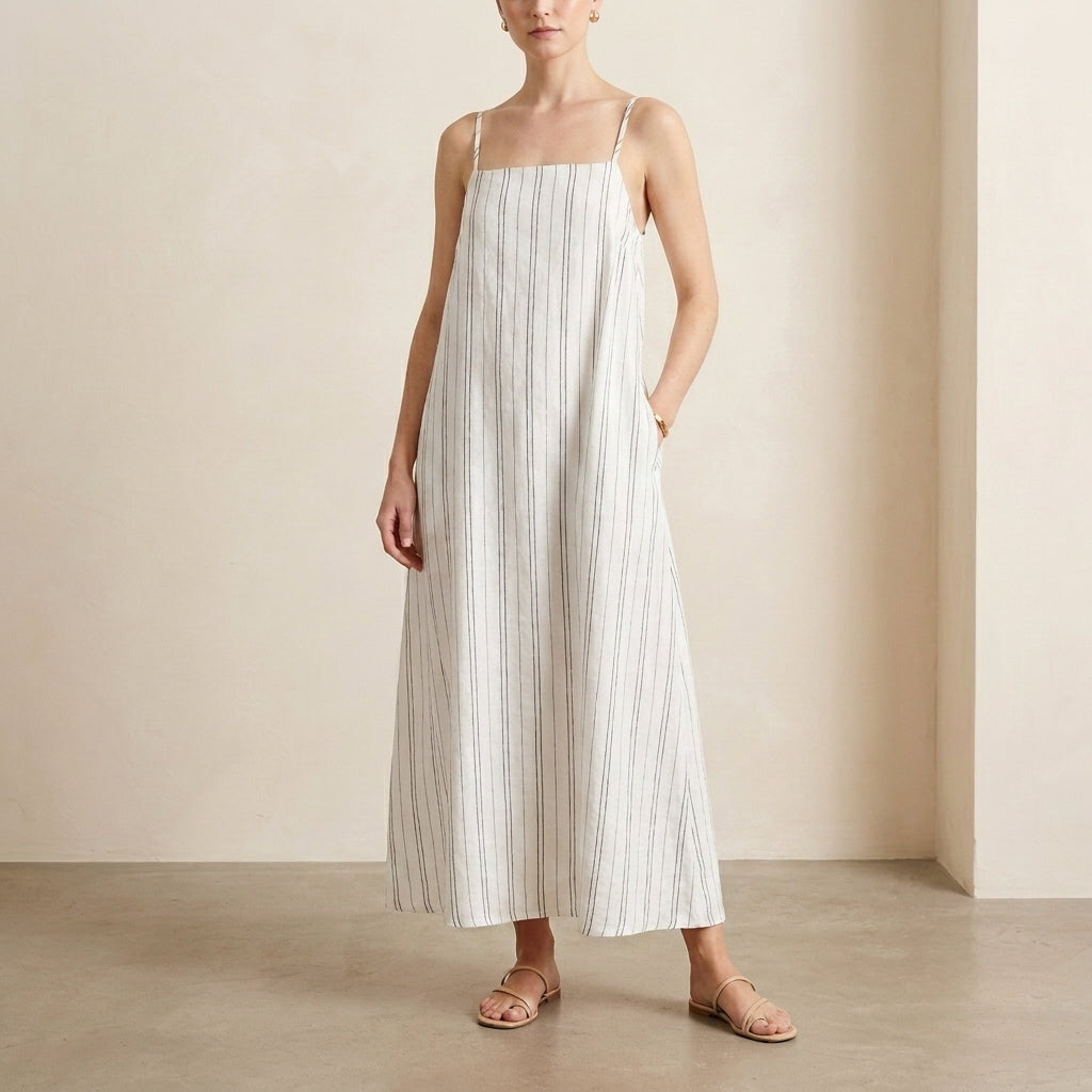 Flowing Striped Maxi Dress with Spaghetti Straps and Square Neckline