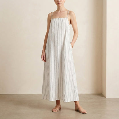 Flowing Striped Maxi Dress with Spaghetti Straps and Square Neckline