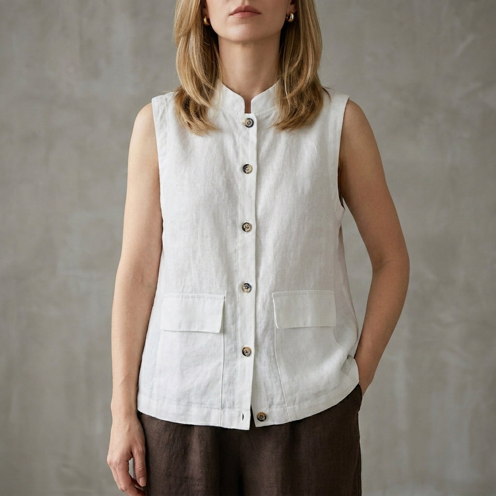 Minimalist Button-Up Sleeveless Blouse with Relaxed Fit and Front Pockets