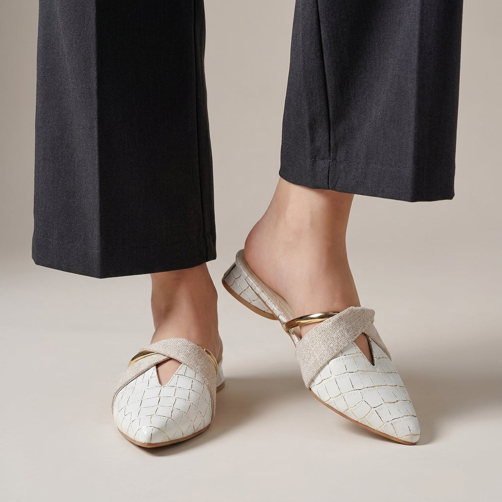 Structured Embossed Pointed Mules with Metallic Accent